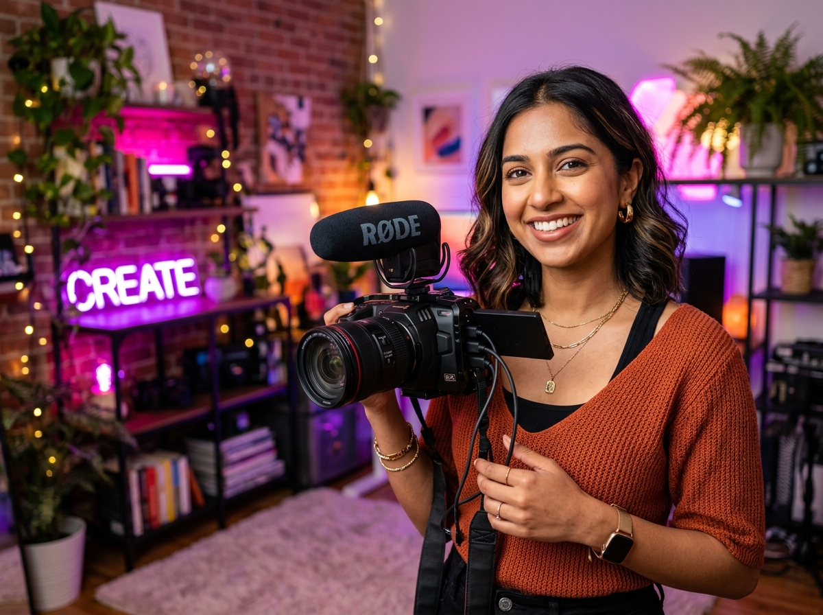 Vibrant Content Creator with Camera in Studio